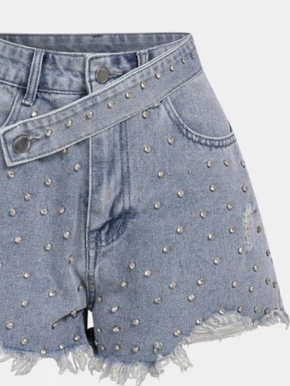 Denim Ripped Rhinestone Asymmetrical Shorts - Picture 3 of 6